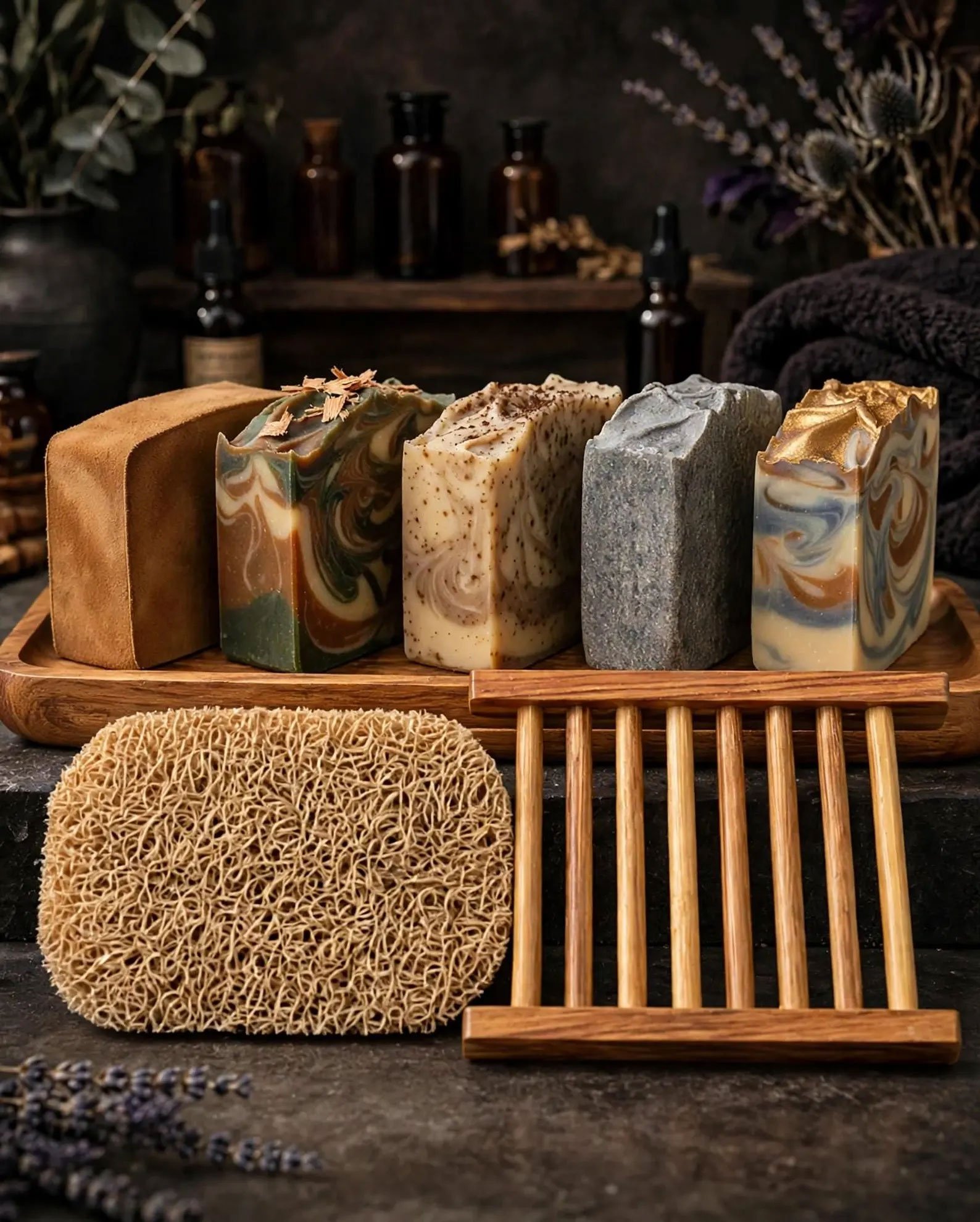 Men's Bamboo Vanity Tray with five goat milk soap bars and matching bamboo accessories